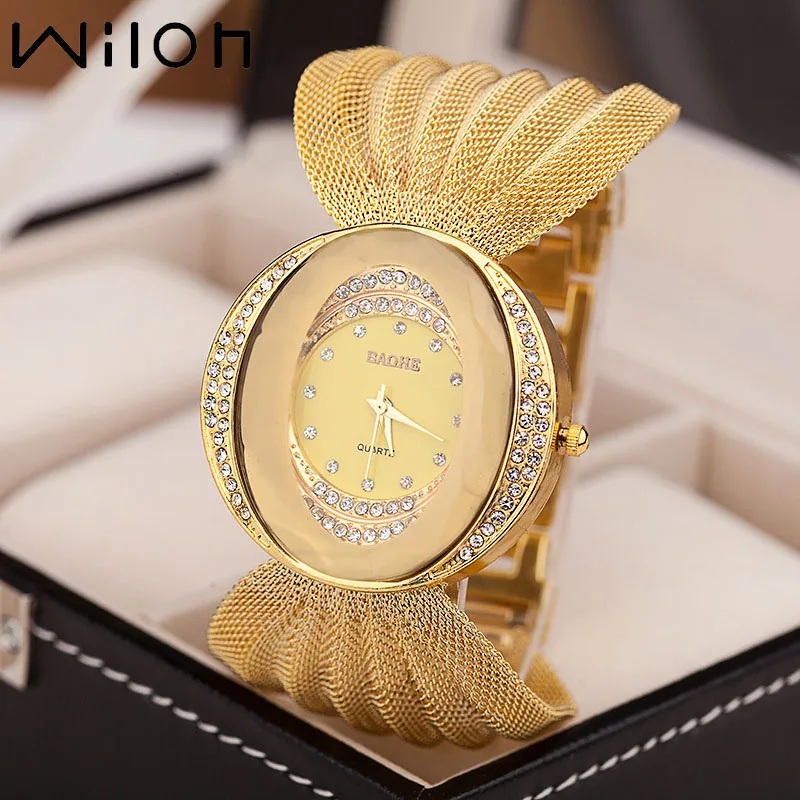 

DHL Mesh wrist watch oval gold bracelet alloy quartz watch for women dress watches rhinestone women's watches wholesale