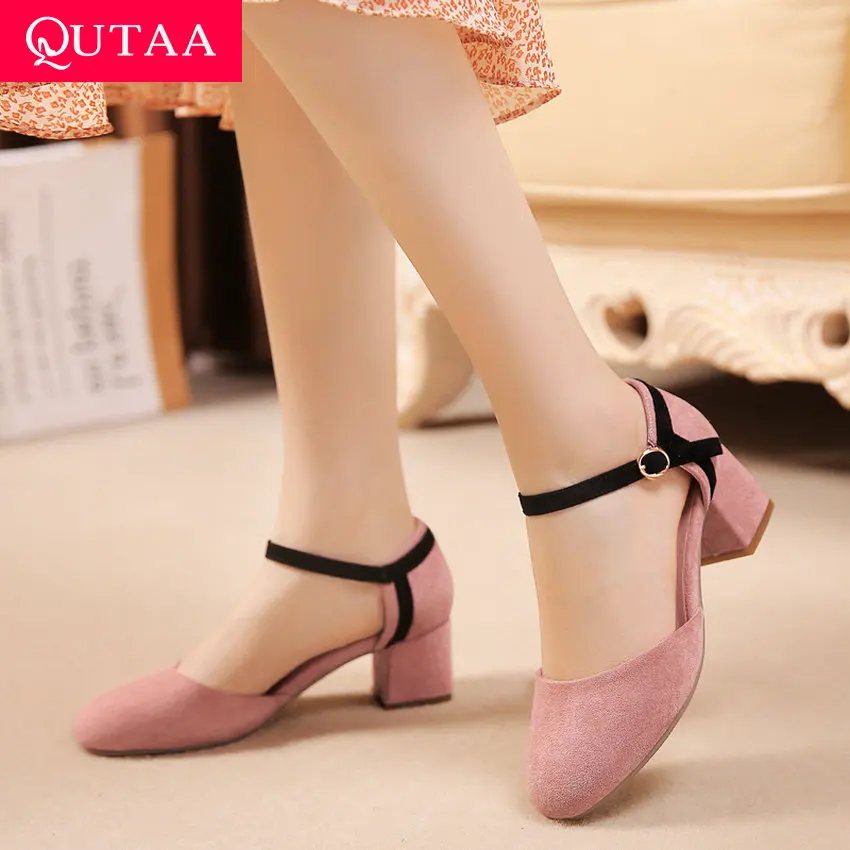 

QUTAA 2019 Women Pumps Round Toe Buckle Flock Square Middle Heel Mary Janes Mixed Color Hollow Elegant Ladies Shoes Size 34-41