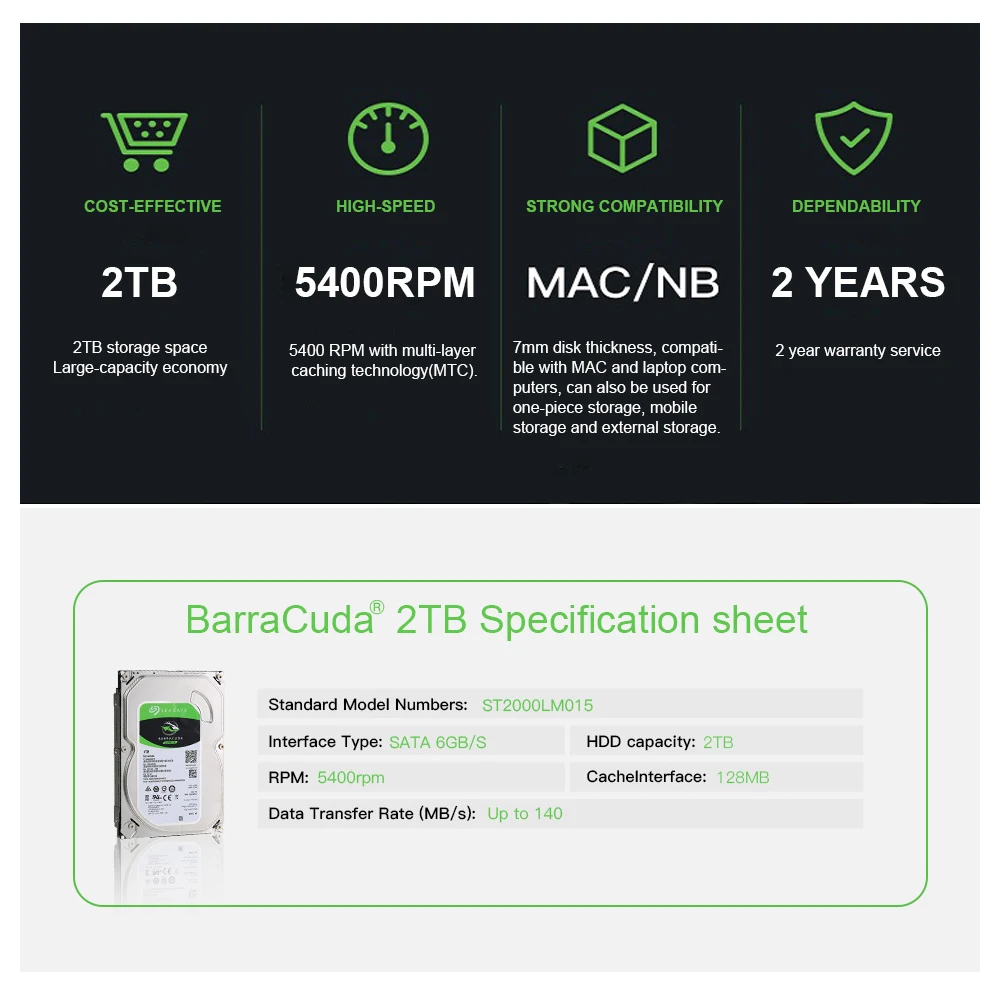 Seagate BarraCuda 2 ТБ HDD 5400 об/мин 128 МБ кэш мобильный жесткий диск SATA 6 ГБ/сек. 5 дюймов