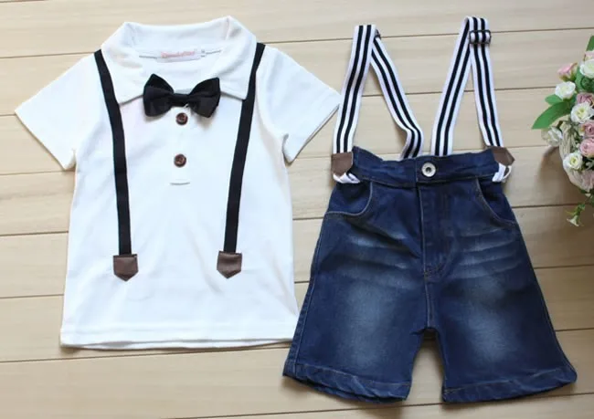 Комплект одежды в полоску для мальчика белая рубашка с бабочкой+ повседневные джинсовые шорты на подтяжках Roupas Infantis Menino