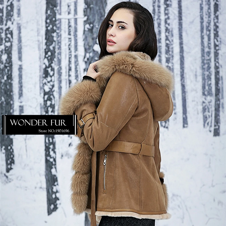 Роскошная куртка с мехом кролика Рекс, лучшее качество, натуральный мех и кожа, пальто средней длины, зимняя теплая Женская куртка с капюшоном из лисьего меха