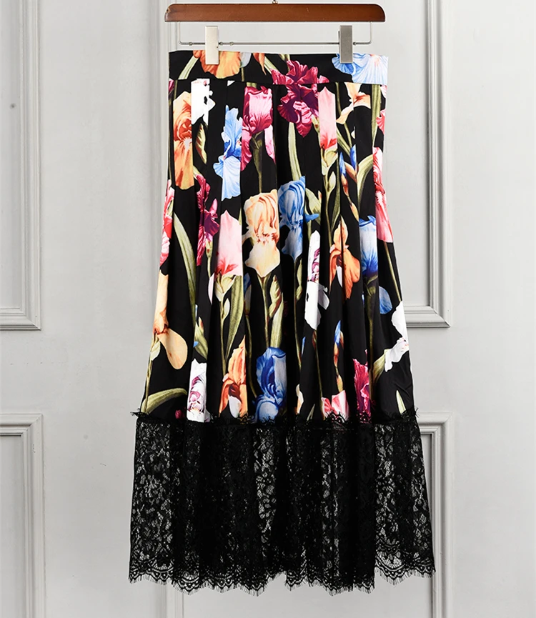 Взлетно посадочной полосы индивидуальный заказ Длинные юбки для женщин Женская High End цветочный принт лоскутное черный кружево плиссир