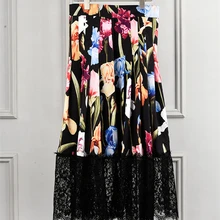 Взлетно посадочной полосы индивидуальный заказ Длинные юбки для женщин Женская High End цветочный принт лоскутное черный кружево плиссир