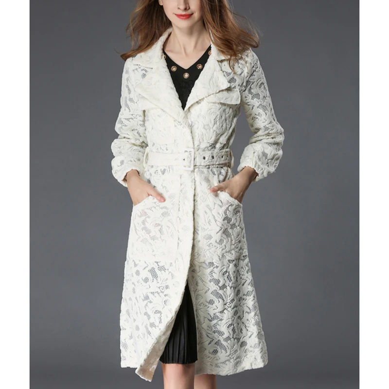 RUGOD Новое Кружевное пальто для женщин осенняя верхняя одежда с отложным воротником однобортное приталенное длинное пальто Casaco Feminino