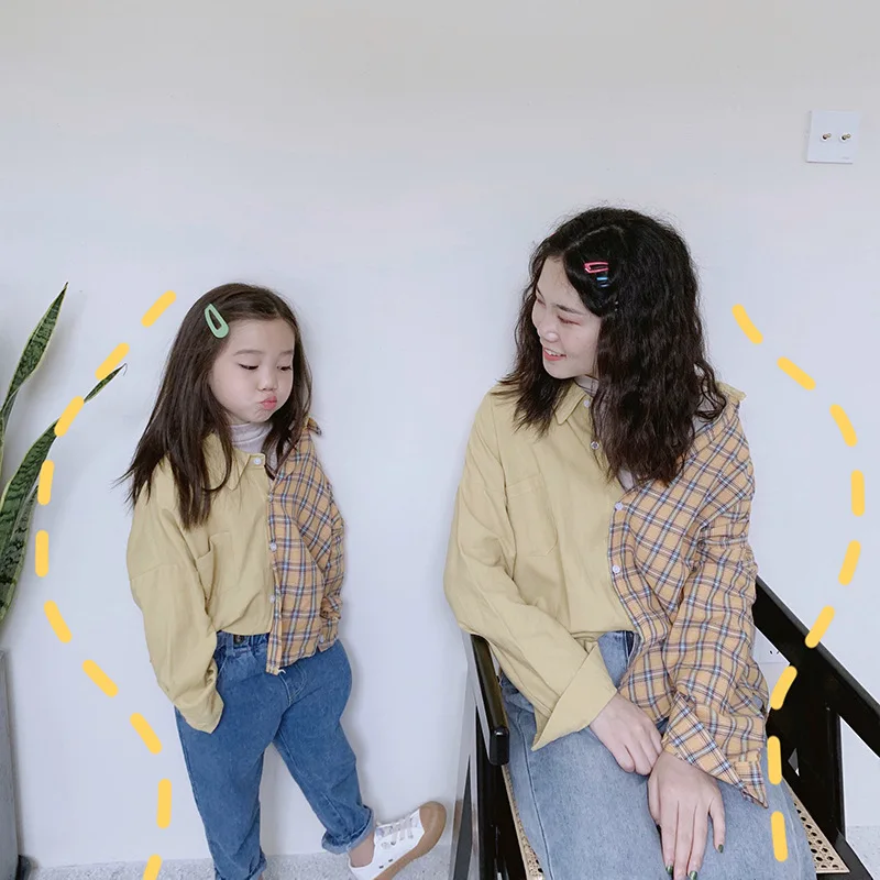 

Autumn korean style mom and me fashion patchwork plaid shirts cotton family matching clothes mother daughter shirt