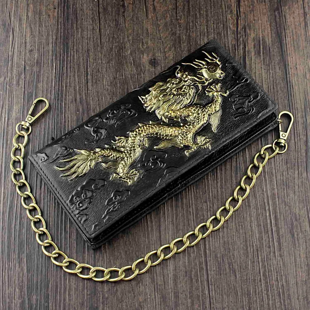 

Mens Vintage Dragon Genuine Leather Billfold Wallet Card Holder Purse With chain
