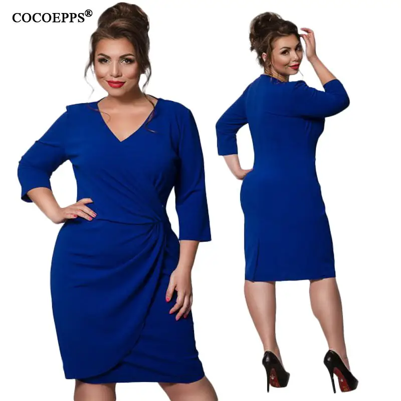 5XL 6XL autumn winter big size party dress blue slim dresses large sizes plus size work office dress solid vestidos v neck - Цвет: blue