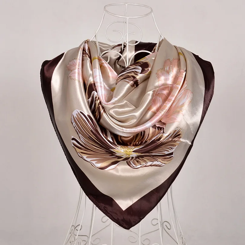 [BYSIFA] бежевый хаки шелковый шарф шаль Женская мода китайские розы дизайн зима большой площади атласные шарфы шарф весна осень - Цвет: coffee 573