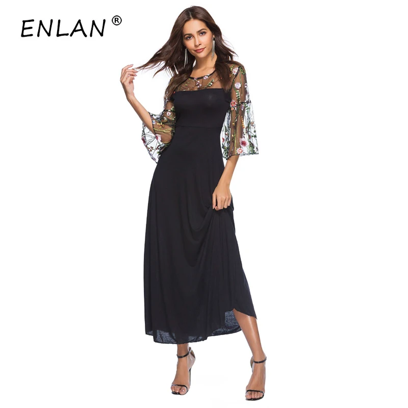 

2019 Spring Summer Maxi Dress Plus Size XXXL 4XL 5XL Flare Sleeve Flower Embroidery Mesh Sexy Transparent Black Long Dress