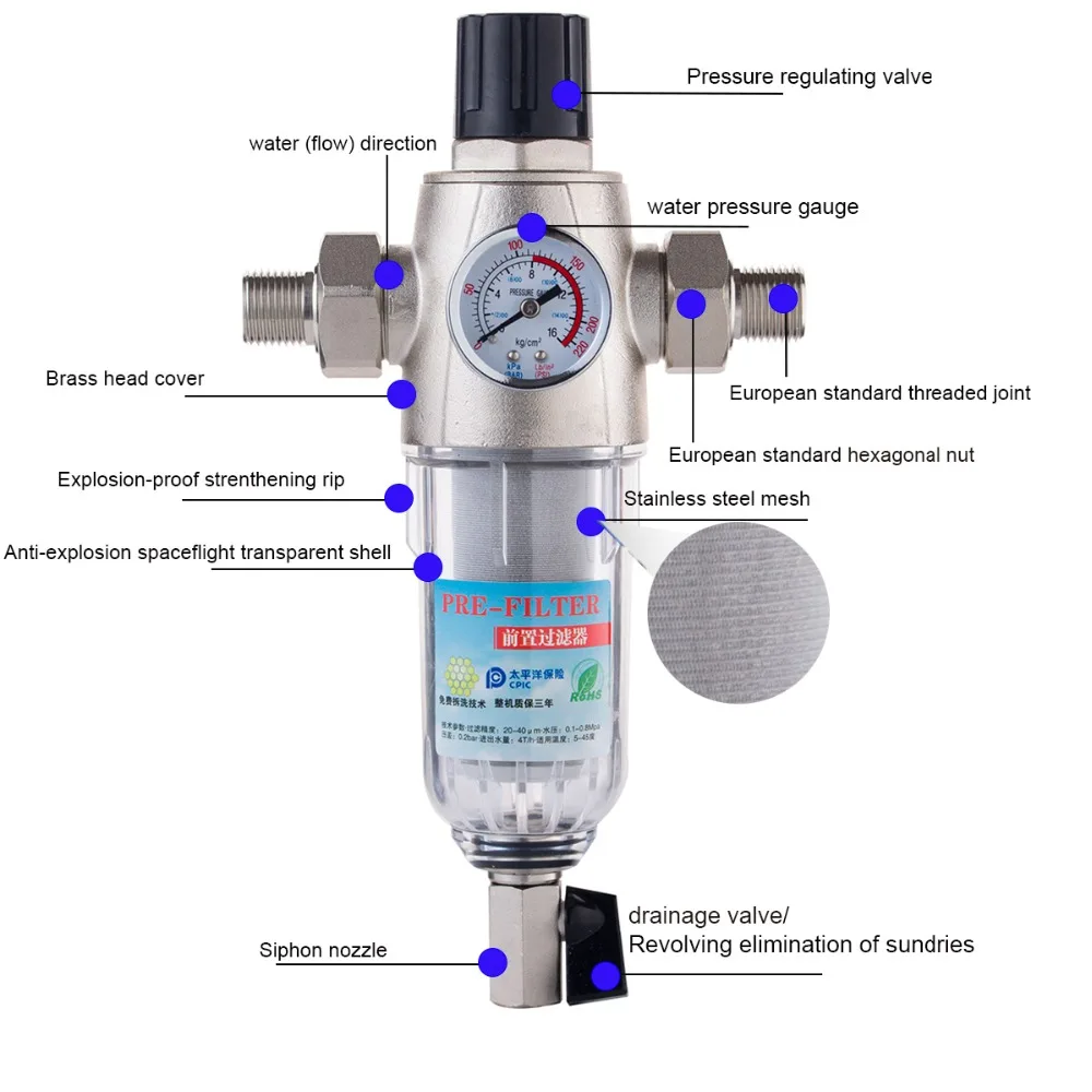Union сифон предфильтр для промывки воды с регулируемым давлением латунь никелированный весь дом предфильтр