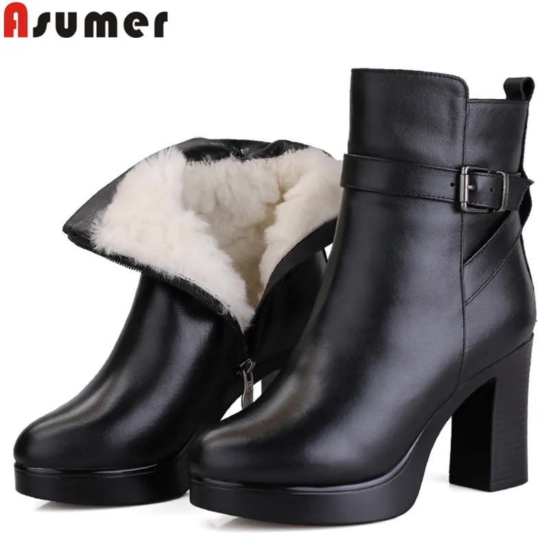 

ASUMER black fashion winter keep warm snow boots round toe czip genuine leather boots thick high shearling ankle boots for women