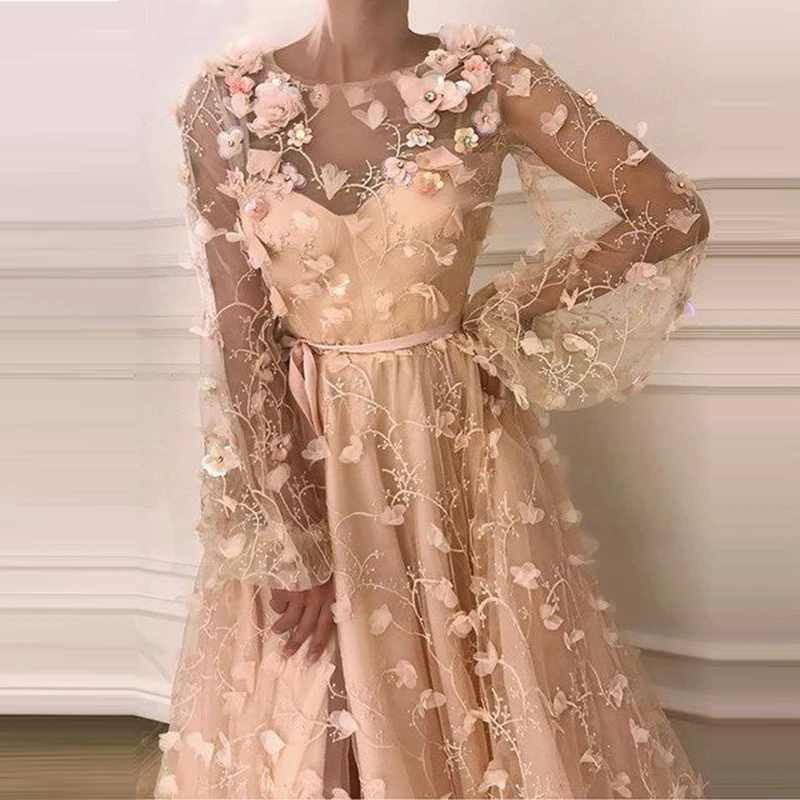 

2019 Long Sleeves Elegant Evening Dresses Long Tulle with Appliques Party Gowns Robe De Soiree Prom Dress Elegant