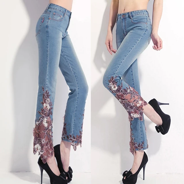 Summer Fashion Casual Womens Embroidery Beading Flare Denim Capris