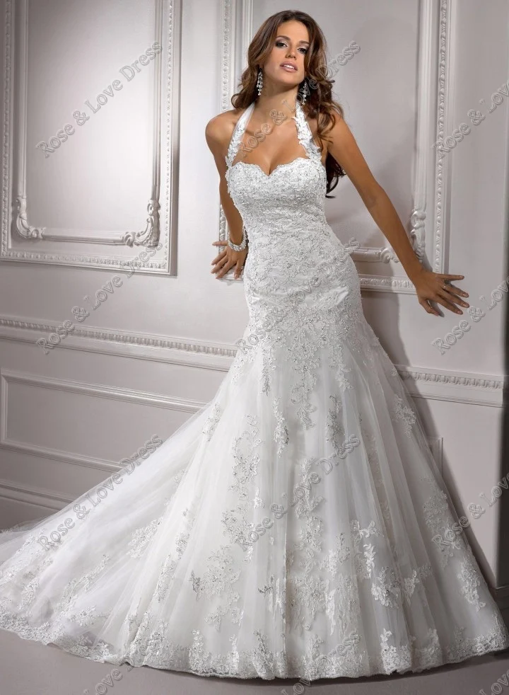 Cuello Halter de Lujo Con Cuentas Sirena Vestidos de Novia Sin Espalda