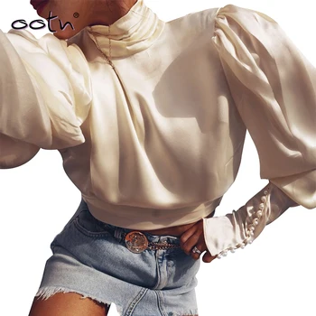 

Satin Turtleneck Fashion Women Blouse Autumn 2019 Puff Long Sleeve Top Sexy Silk Backless Crop Top Bow Tie Back Women's Shirt