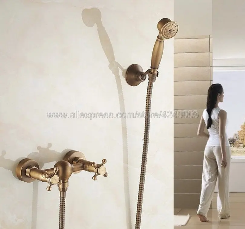 WALL MOUNT BATHROOM ANTIQUE BRASS BATH SHOWER FAUCET MIXER TAP WITH HAND SHOWER