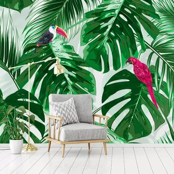 

Custom Photo Mural Wallpaper Hand Painted Green Leaves Parrot Pastoral Style Living Room Bedroom Background Wall Decor Painting