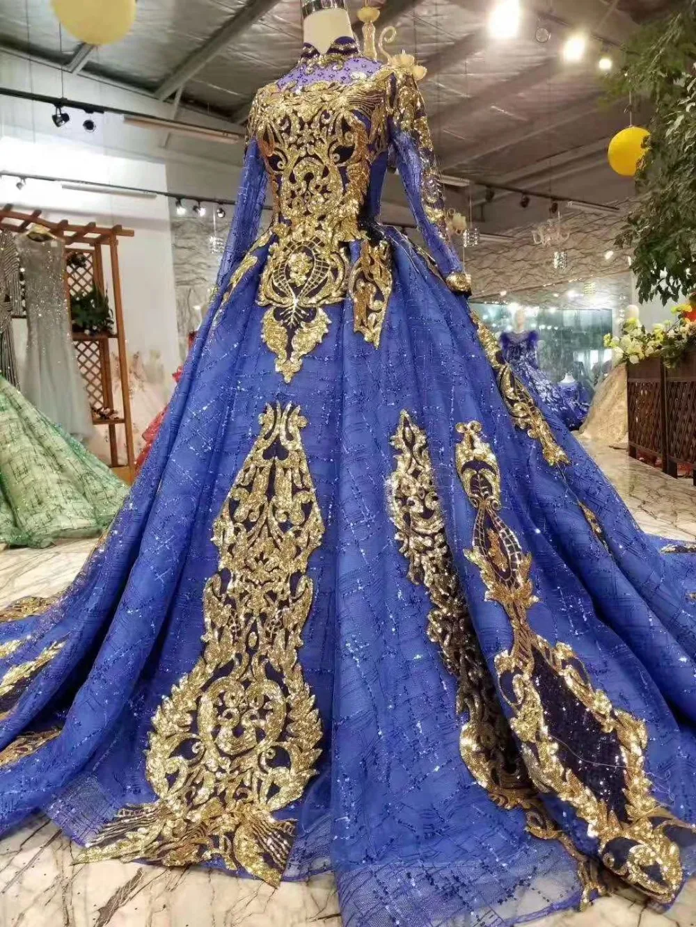 LSS436 синие вечерние платья с золотыми блестками, с высоким воротом и длинными рукавами, мусульманское вечернее платье, длинное бальное платье, Дамское блестящее платье
