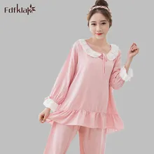 Хлопковые пижамы для женщин с длинным рукавом осенние пижамные комплекты свободные Lounge кружевные пижамы для девочек Mujer Pyjama Одежда для взрослых дома E1223