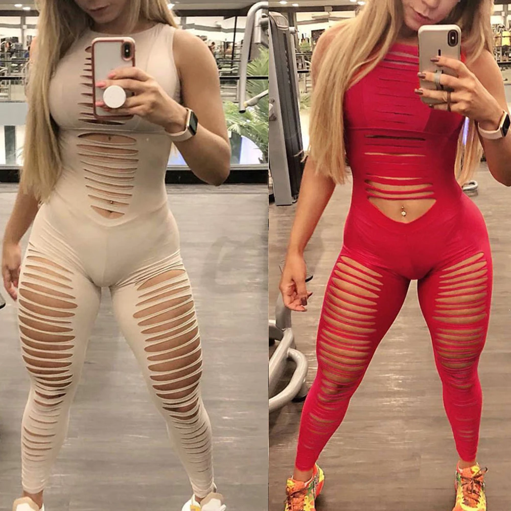 

KLV Women Sexy Fashion Summer Autumn Solid Color Romper Jumpsuits Female High Street O-neck Hollow Out Sleeveless Jumpsuits