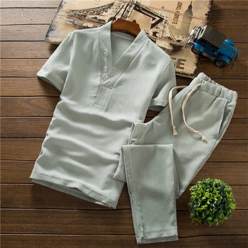  Summer Men Short Sleeve tshirt and Drawstring Lace Pants Pure Color Embroidered Men Two-Piece Set