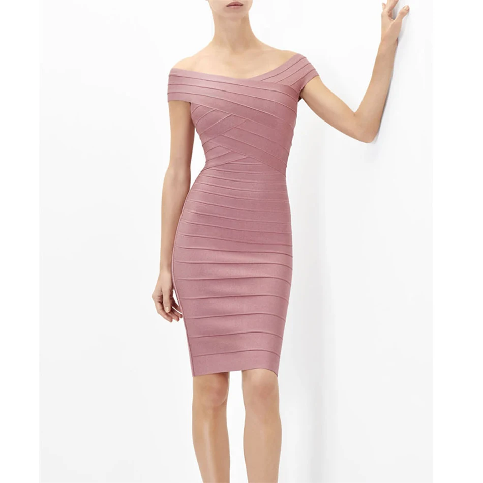 2016 Women Winter Dress Sexy Celebrity Runway Bandage Dress Pink Black Blue Slash Neck Bodycon Lady