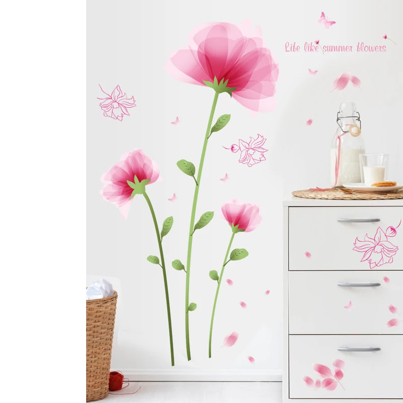 Pink Flower Wall Stickers For Bedroom Lliving room Children Room Girl
