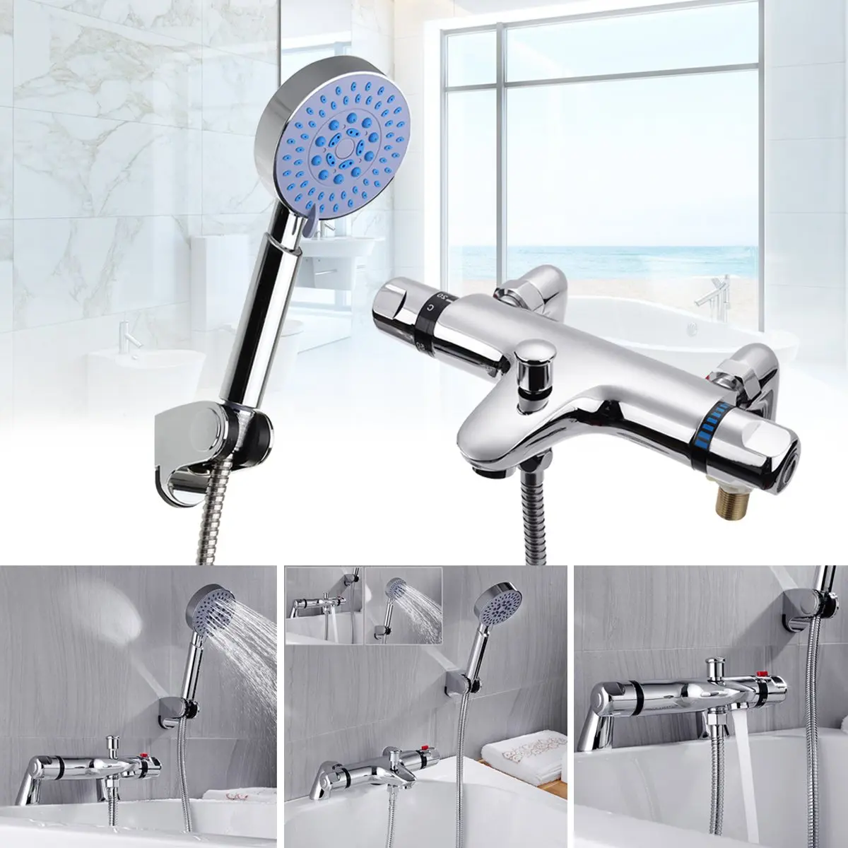 

One set Thermostatic Bathroom Taps Bath Shower Mixer Tap Handset Deck Mounted Valve Kit