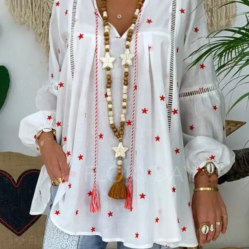 2019 European and American women's blouse V-neck long-sleeved shirt lace stitching hollow printed shirt women