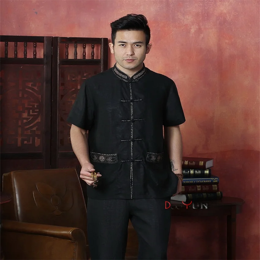 Fashion Black Chinese Traditional Men's 100 Silk Shirt Kung Fu Tops