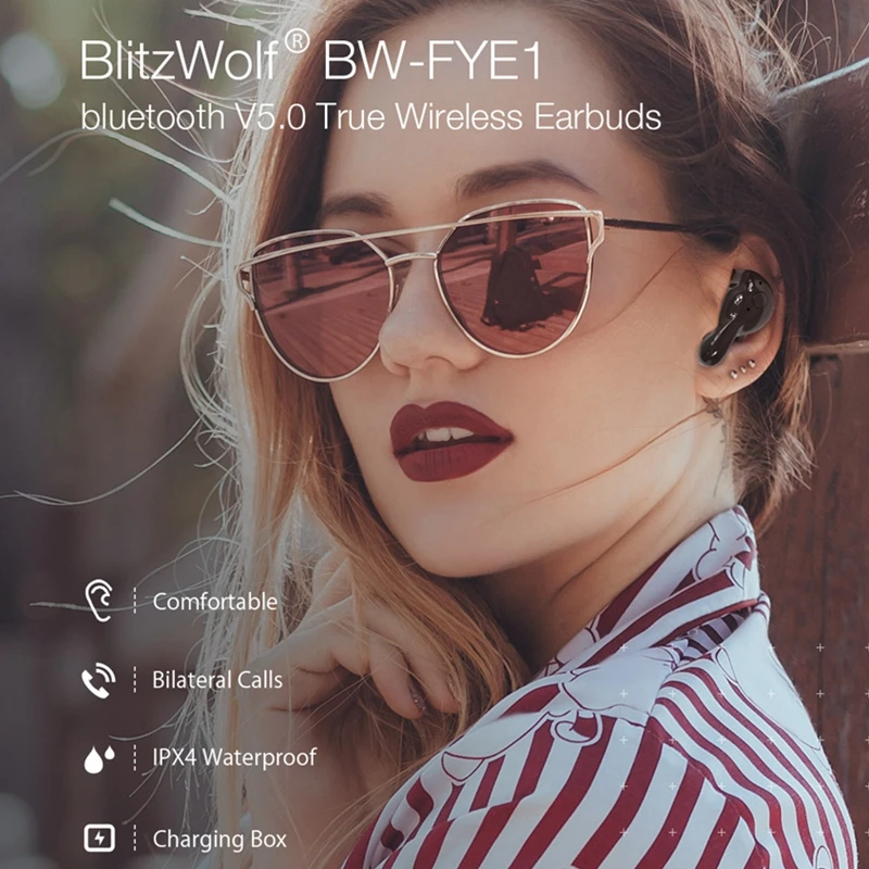 Blitzwolf bluetooth V5.0 TWS Wireless Earphone Stereo Earbuds Waterproof Microphone Sport Headsets with Charging Box for Phone