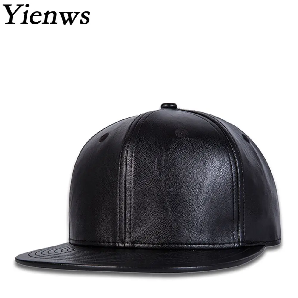 Yienws Bone Gorras Leather Snapback Hip Hop Cap for Men Black Plain
