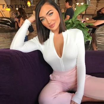 

Fantoye White Long Sleeve Zipper Bodysuit Women 2018 Autumn Winter O Neck Bodycon Rompers Jumpsuit Casual Club Black Bodysuit