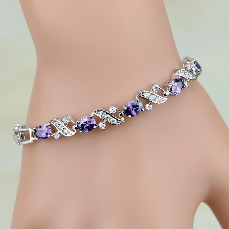 925 пробы серебряные ювелирные изделия Мистик фиолетовый кубический цирконий Белый CZ браслеты для женщин подарочная коробка