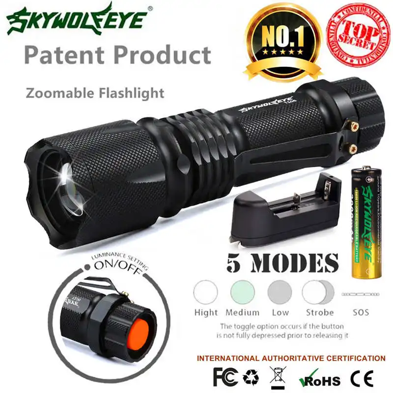 

Tactical Flashlight XM-L T6 High Powered 5Modes Zoomable LED Aluminum+Battery lampada led flashlight rechargeable #4S3