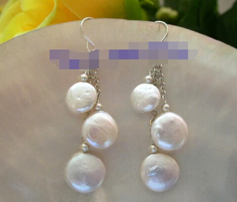 

HOT SELL - wb00551 2pc stunning 12mm round white coin freshwater pearls dangle earrings 925s -Top quality free shipping