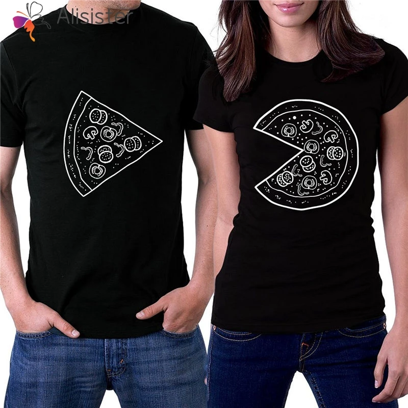 Пара футболок с принтом пиццы harajuku повседневные летние хлопковые футболки с коротким рукавом топы Свободные парные топы Мужские и женские