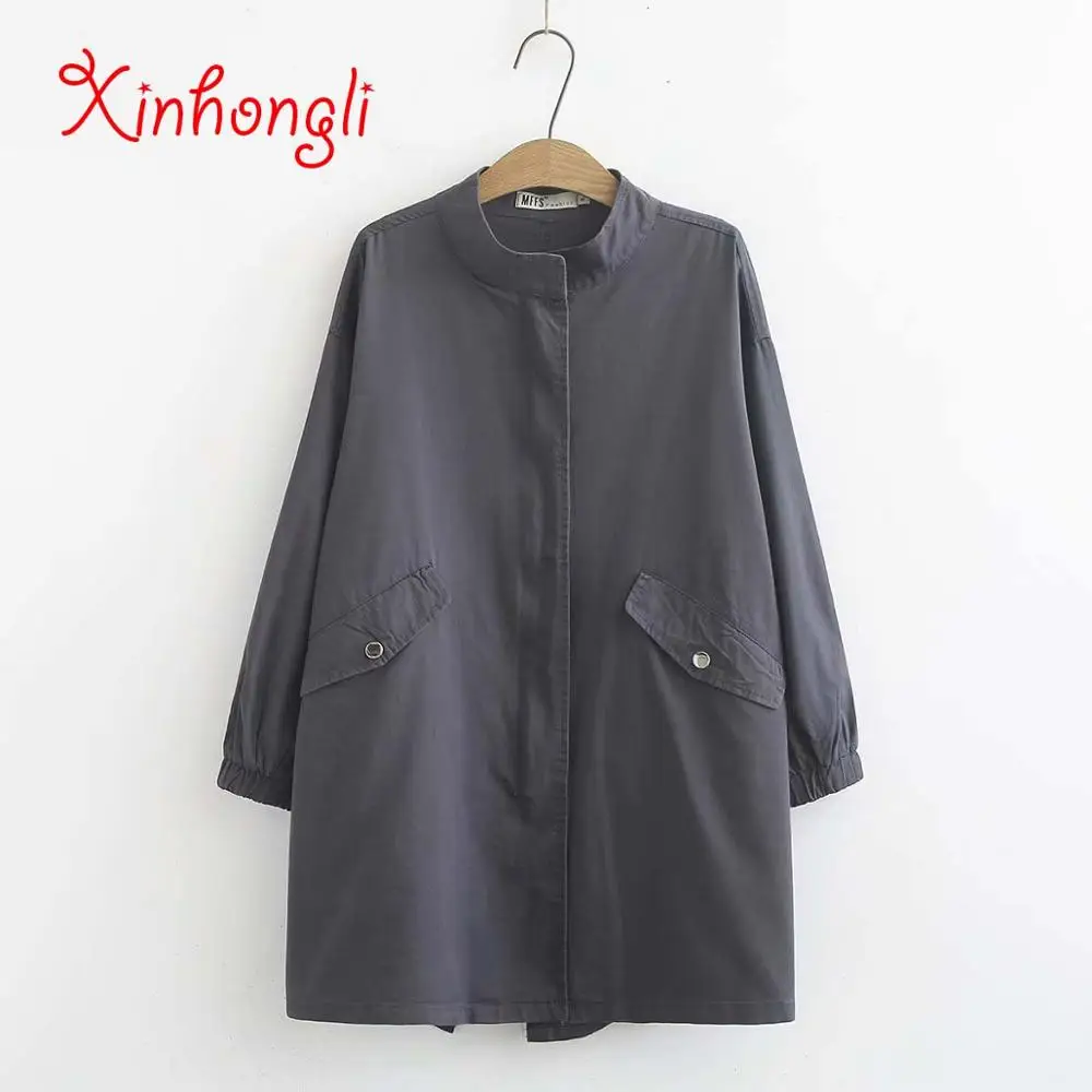 

Plus size women cotton trench coat 2020 NEW spring autumn casual ladies Covered Button pockets black overwear female tops coats