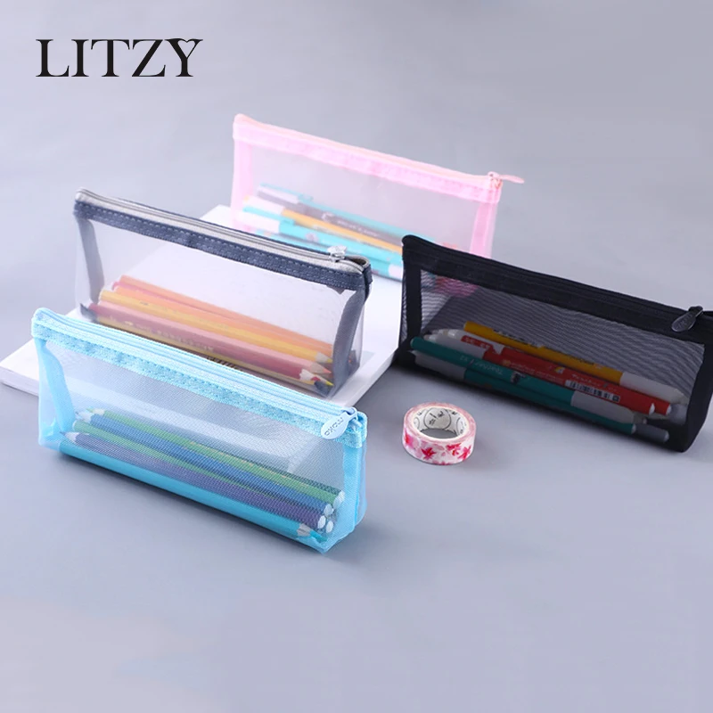 

Transparent Mesh Pencil Case School Pencil Case for Girls Boys Black Pencil Box Nylon Pencil Bag Kawaii School Office Supplies