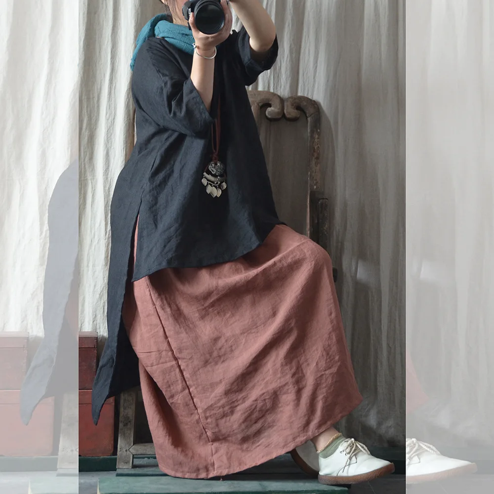 

Women Thin Ramie Skirts Summer Elastic Waist Solid Color VIntage Skirts Female Loose Retro Summer Skirts 2018