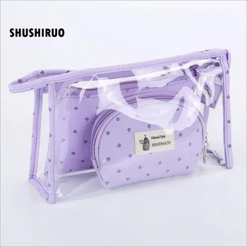 

SHUSHIRUO 3pcs/set Fashion Cosmetic Bags Spot Waterproof Necessary Portable MakeUp Bag Women PVC Pouch Travel Toiletry Bag Blos