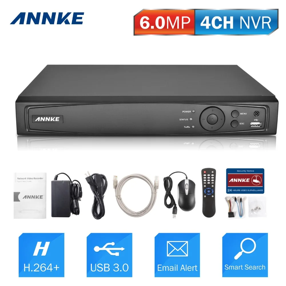  ANNKE 1080P 4CH NVR Network Video Recorder - Supports up to 4 x 1080P( 2MP/3MP/4MP/5MP/6MP) WiFi IP Cameras, Up to 6TB Capacity  