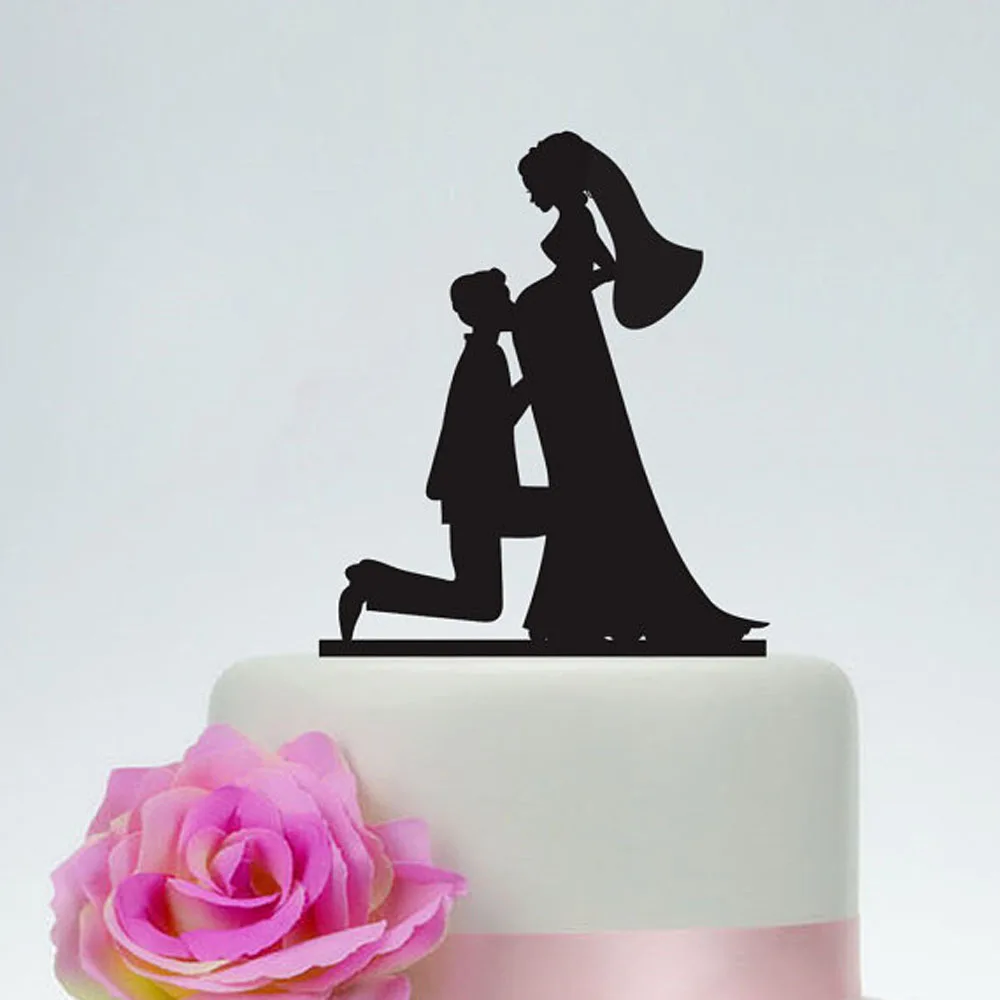 Pregnant wedding cake topper,Bride and Groom Silhouette Cake Topper,Custom Unique Rustic Acrylic silver wooden Cake Topper