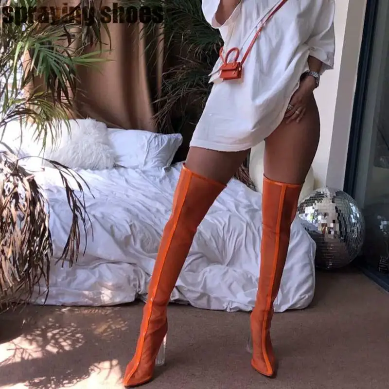 Fashion Neon Sandals Women Mesh Thigh High Boots Transparent Chunky High Heels Summer Sandals Long Boots Green/Orange/White/Gray - Цвет: Оранжевый