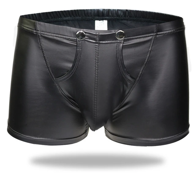 Sexy Men Boxers Open Crotch Faux Leather Lingerie Stage U Convex Pouch Black Patent Leather Boxers Shorts Underwear black