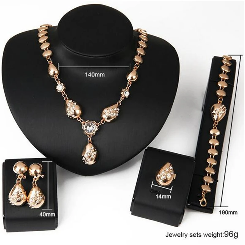 Роскошные золотые ювелирные наборы кристалл капли воды кулон ожерелье колье серьги кольцо браслеты для женщин Партия ювелирный набор