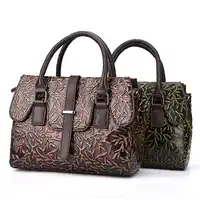 Genuine Leather Women Shoulder Top Handle Bags Natural Cowhide Retro Floral Pattern Ladies Tote Bag Crossbody Messenger Handbag