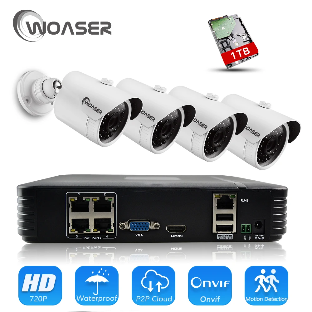 Woaser 48 В 1080 P Комплект HDMI P2P 4ch PoE NVR Системы Скрытого видеонаблюдения Видео Выход 1.0mp