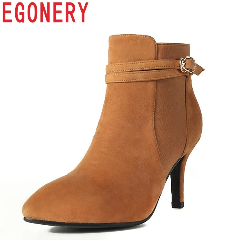 

EGONERY newest popular fashion sexy pointed toe high thin heels metal buckle solid slip-on three colors outside ankle boots