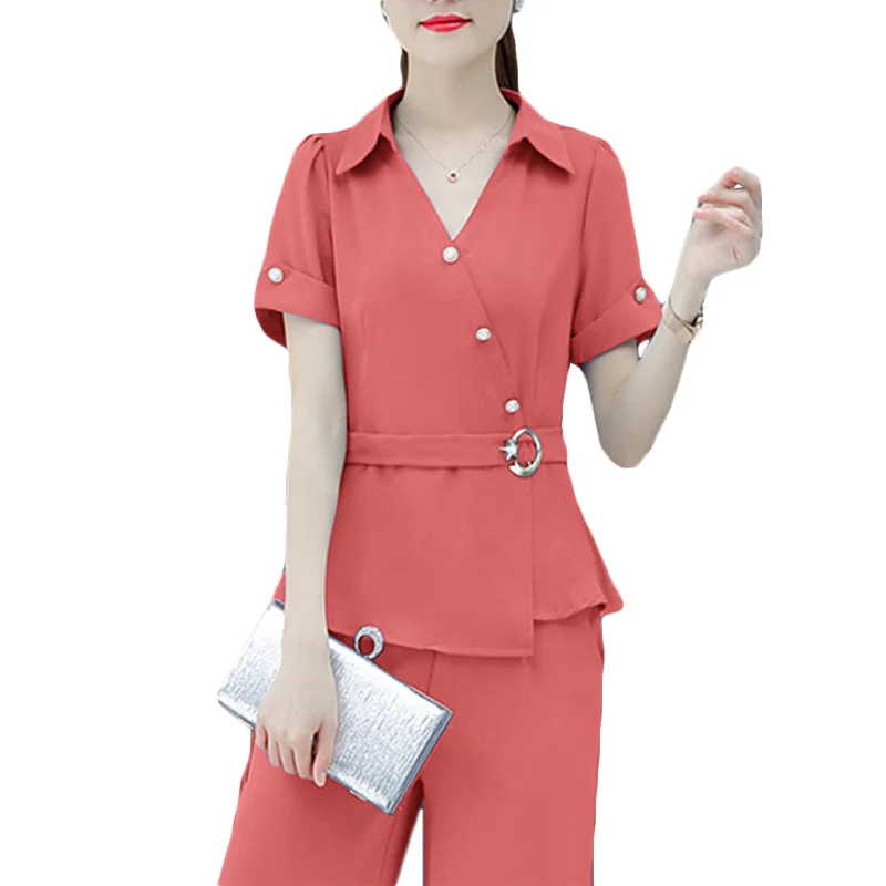 Летний Новый Модный повседневный костюм с широкими штанинами женские шифоновые комплекты из двух предметов с короткими рукавами женская